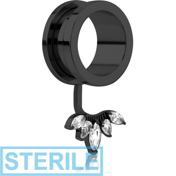 STERILE BLACK PVD COATED STAINLESS STEEL THREADED TUNNEL WITH SURGICAL STEEL JEWELLED TOP