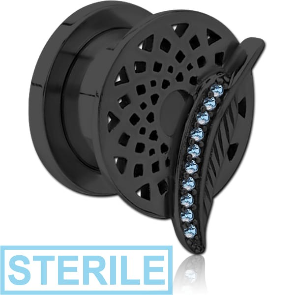 STERILE BLACK PVD COATED STAINLESS STEEL THREADED TUNNEL WITH SURGICAL STEEL JEWELLED TOP