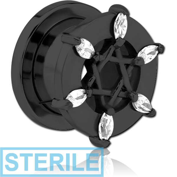STERILE BLACK PVD COATED STAINLESS STEEL THREADED TUNNEL WITH SURGICAL STEEL JEWELLED TOP