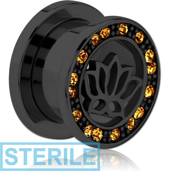 STERILE BLACK PVD COATED STAINLESS STEEL THREADED TUNNEL WITH SURGICAL STEEL JEWELLED TOP