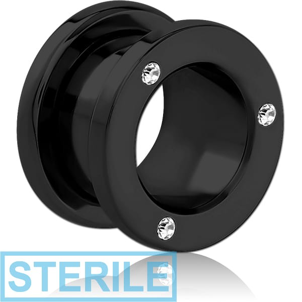 STERILE BLACK PVD COATED STAINLESS STEEL THREADED TUNNEL WITH SURGICAL STEEL JEWELLED TOP