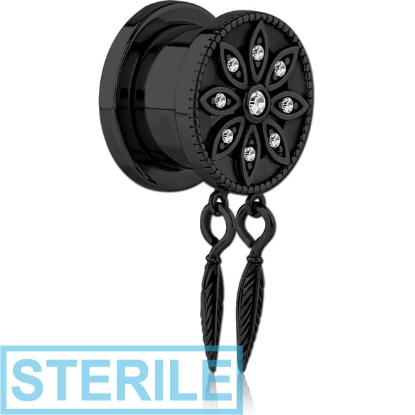 STERILE BLACK PVD COATED STAINLESS STEEL THREADED TUNNEL WITH SURGICAL STEEL JEWELLED TOP