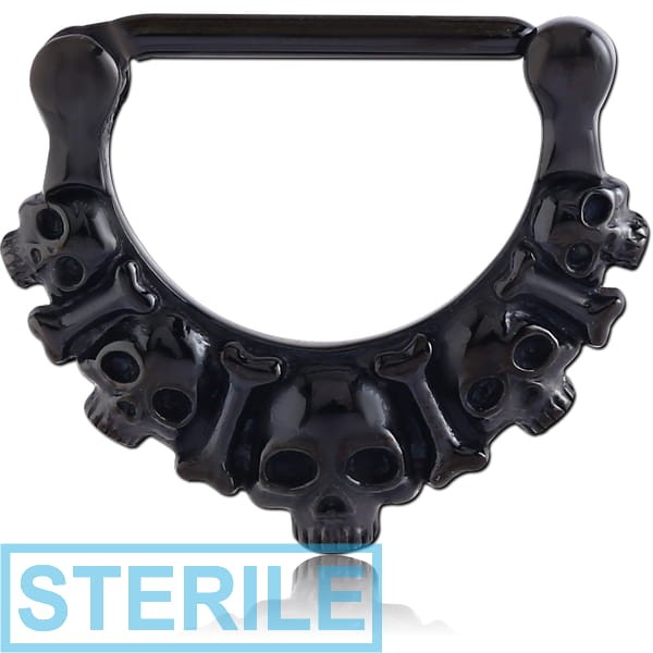 STERILE BLACK PVD COATED SURGICAL STEEL NIPPLE CLICKER - SKULLS AND BONES
