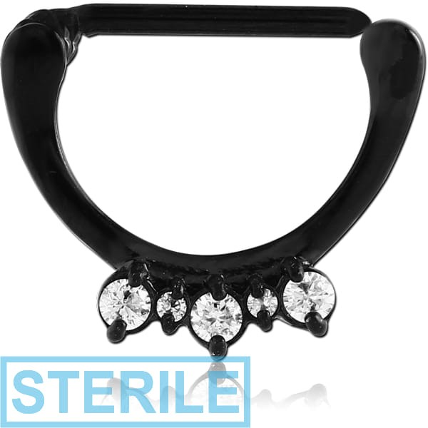 STERILE BLACK PVD COATED SURGICAL STEEL PRONG SET JEWELLED NIPPLE CLICKER