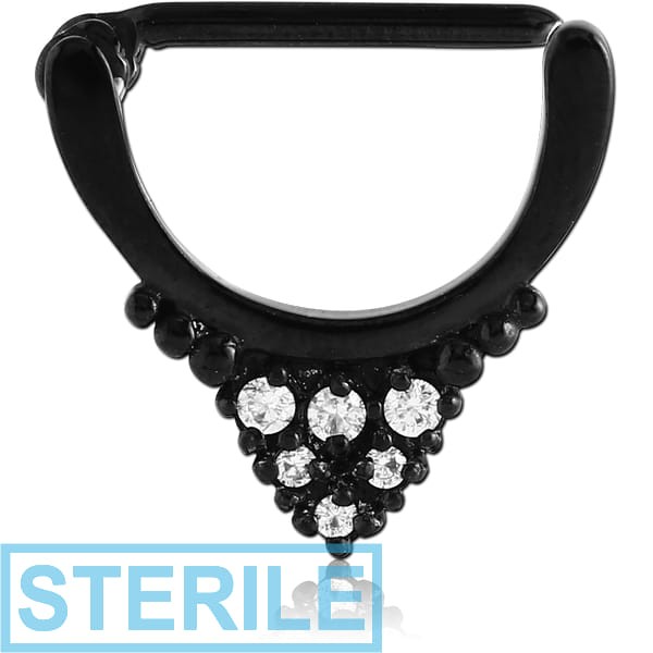 STERILE BLACK PVD COATED SURGICAL STEEL PRONG SET JEWELLED NIPPLE CLICKER