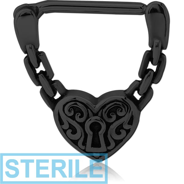 STERILE BLACK PVD COATED SURGICAL STEEL NIPPLE CLICKER - CHAINS HEART LOCK
