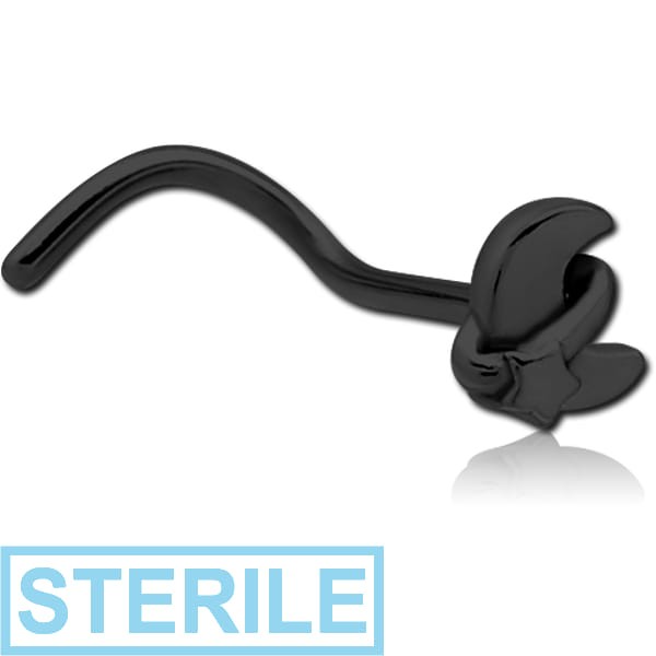 STERILE BLACK PVD COATED SURGICAL STEEL CURVED NOSE STUD - ANNULAR ECLIPSE AND STAR