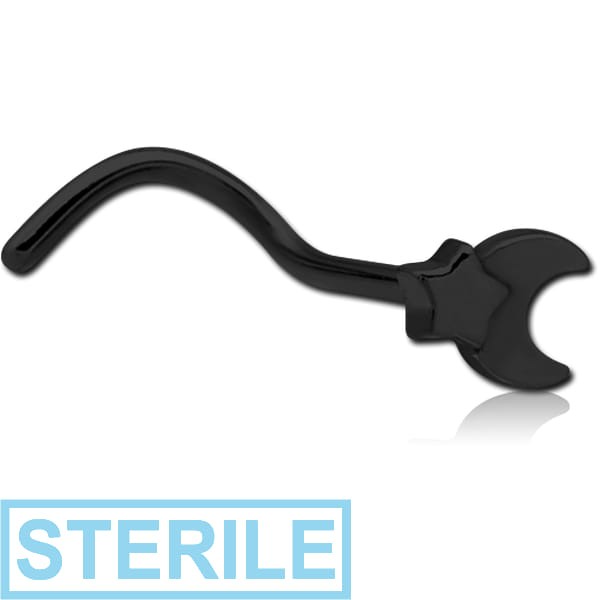 STERILE BLACK PVD COATED SURGICAL STEEL CURVED NOSE STUD - CRESEENT AND STAR