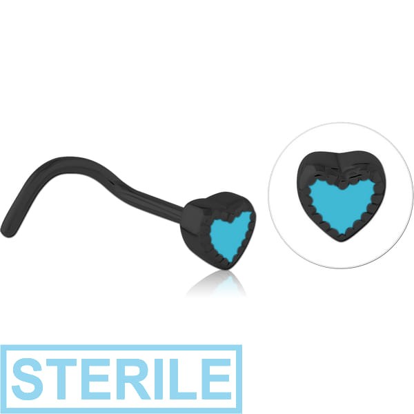 STERILE BLACK PVD COATED SURGICAL STEEL CURVED NOSE STUD - HEART