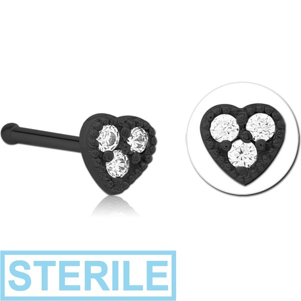 STERILE BLACK PVD COATED SURGICAL STEEL JEWELLED NOSE BONE - HEART
