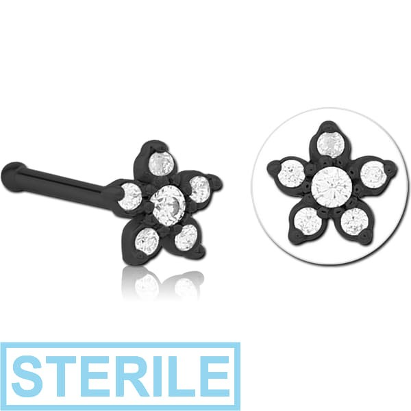 STERILE BLACK PVD COATED SURGICAL STEEL JEWELLED NOSE BONE - FLOWER