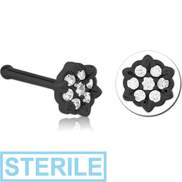 STERILE BLACK PVD COATED SURGICAL STEEL JEWELLED NOSE BONE - FLOWER