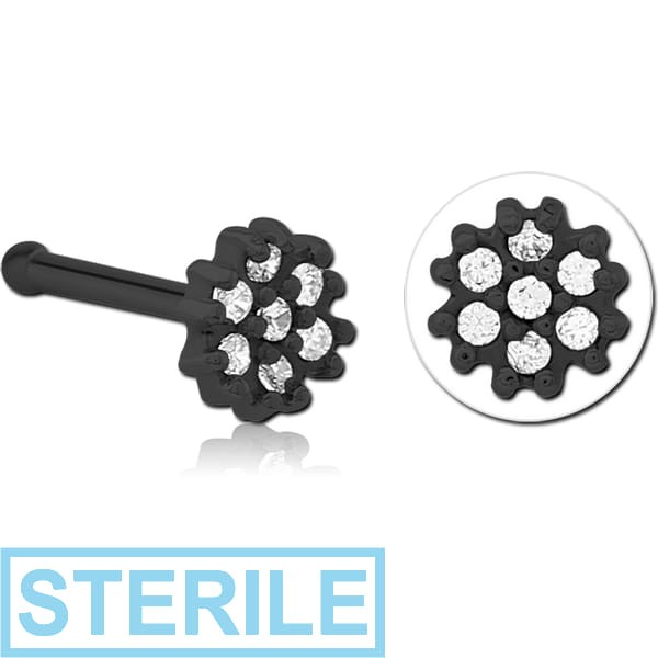 STERILE BLACK PVD COATED SURGICAL STEEL JEWELLED NOSE BONE - FLOWER