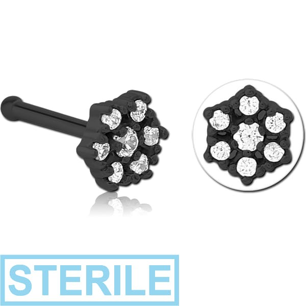 STERILE BLACK PVD COATED SURGICAL STEEL JEWELLED NOSE BONE - FLOWER