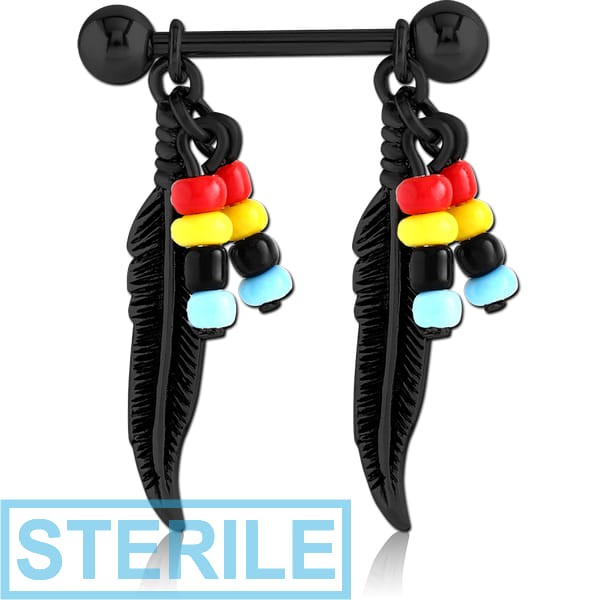 STERILE BLACK PVD COATED SURGICAL STEEL NIPPLE SHIELD - BEADS AND FEATHER