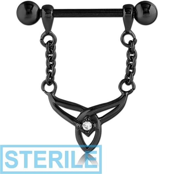 STERILE BLACK PVD COATED SURGICAL STEEL JEWELLED NIPPLE SHIELD - TRIQUETRA WITH CHAIN