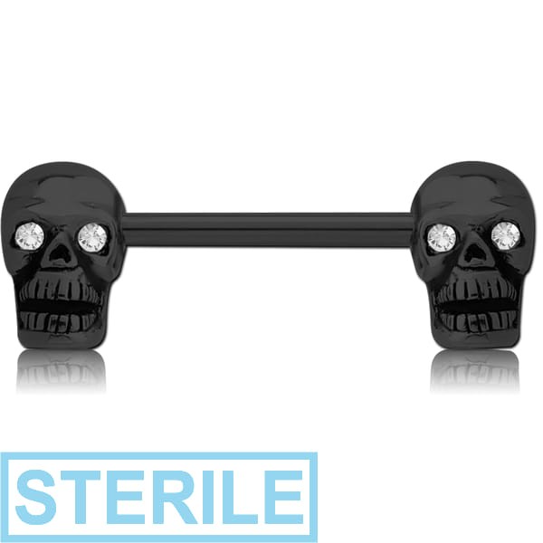 STERILE BLACK PVD COATED SURGICAL STEEL NIPPLE BAR - SKULL