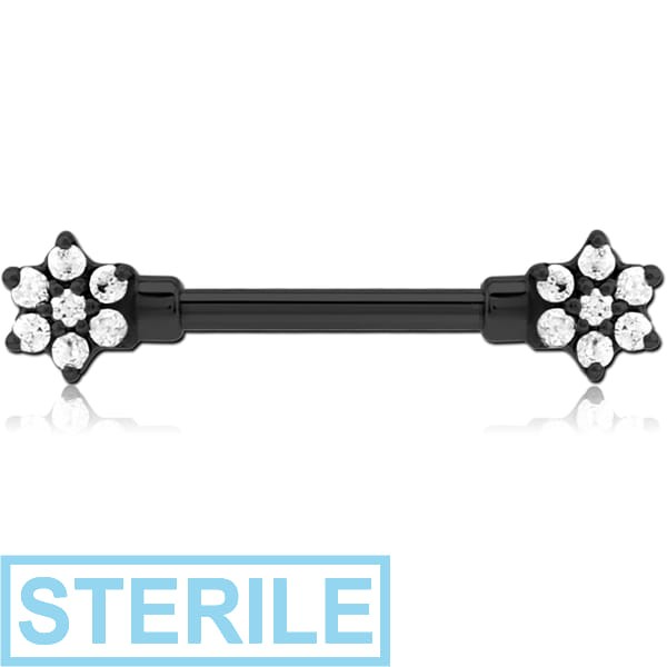 STERILE BLACK PVD COATED SURGICAL STEEL JEWELLED NIPPLE BAR - FLOWER