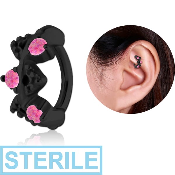 STERILE BLACK PVD COATED SURGICAL STEEL SYNTHETIC OPAL ROOK CLICKER - FILIGREE