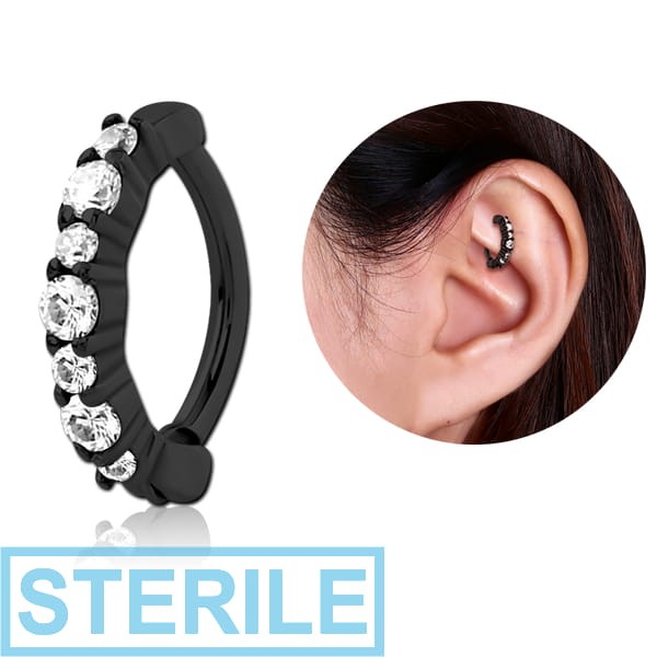 STERILE BLACK PVD COATED SURGICAL STEEL PRONG SET JEWELLED ROOK CLICKER - ZEBRA 1.5MM AND 2MM STONES