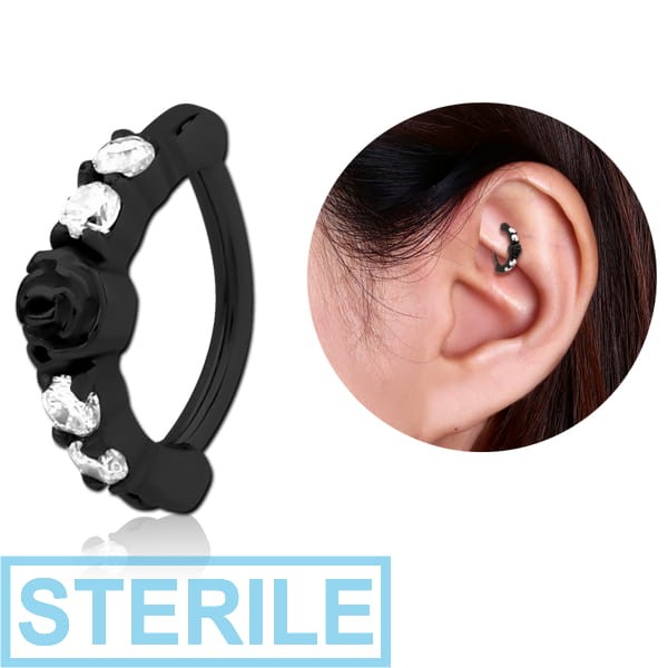 STERILE BLACK PVD COATED SURGICAL STEEL PRONG SET JEWELLED ROOK CLICKER - CENTER ROSE