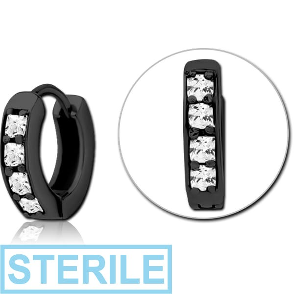 STERILE BLACK PVD COATED SURGICAL STEEL PRONG SET JEWELLED MULTI PURPOSE HUGGIE PIERCING