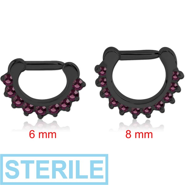 STERILE BLACK PVD COATED SURGICAL STEEL ROUND PRONG SET JEWELLED HINGED SEPTUM CLICKER RING
