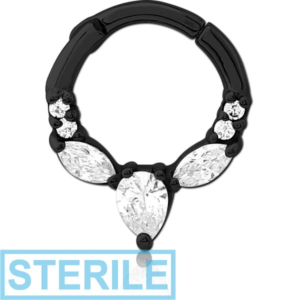 STERILE BLACK PVD COATED SURGICAL STEEL JEWELLED HINGED SEPTUM CLICKER RING