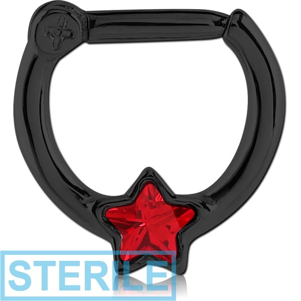 STERILE BLACK PVD COATED SURGICAL STEEL STAR JEWELLED HINGED SEPTUM CLICKER