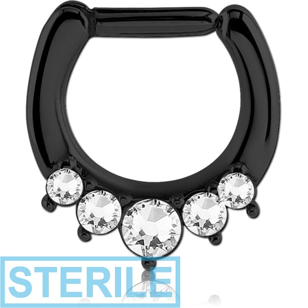 STERILE BLACK PVD COATED SURGICAL STEEL ROUND HIGH END CRYSTALS JEWELLED HINGED SEPTUM CLICKER