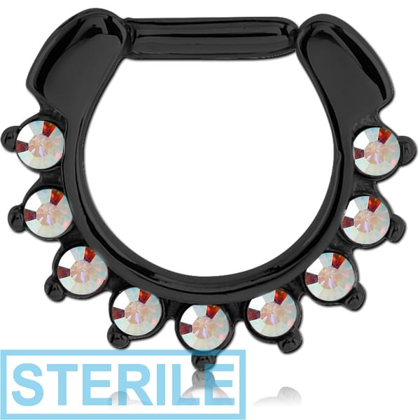 STERILE BLACK PVD COATED SURGICAL STEEL ROUND JEWELLED HINGED SEPTUM CLICKER