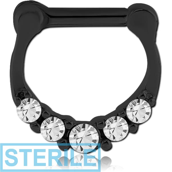 STERILE BLACK PVD COATED SURGICAL STEEL ROUND JEWELLED HINGED SEPTUM CLICKER