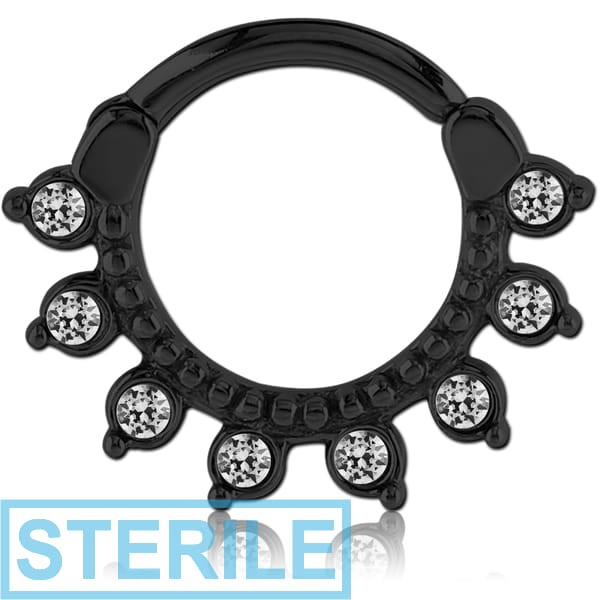 STERILE BLACK PVD COATED SURGICAL STEEL ROUND JEWELLED HINGED SEPTUM CLICKER