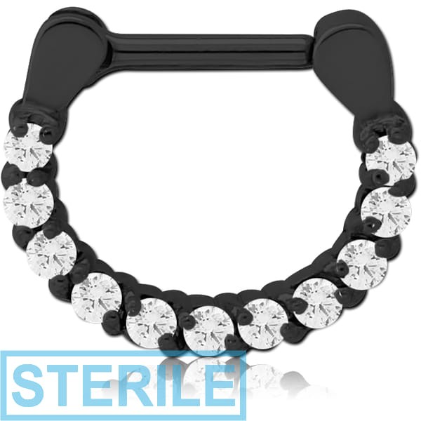 STERILE BLACK PVD COATED SURGICAL STEEL ROUND PRONG SET JEWELLED HINGED SEPTUM CLICKER