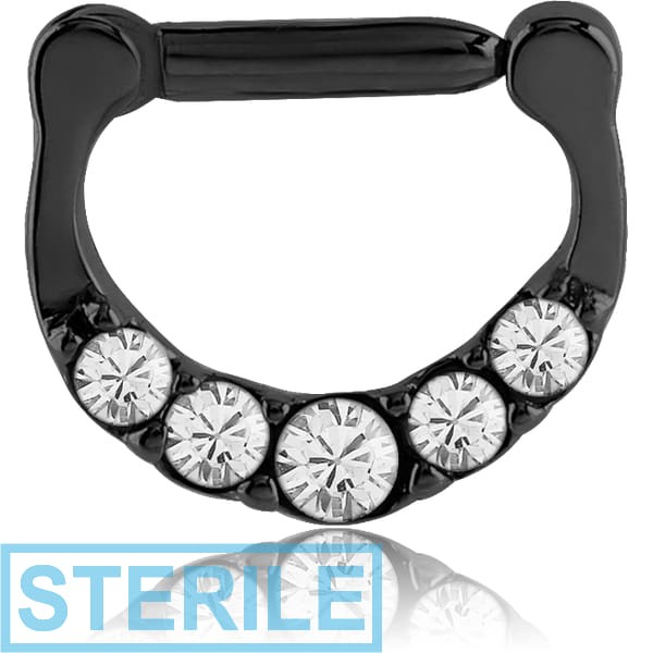 STERILE BLACK PVD COATED SURGICAL STEEL ROUND HIGH END CRYSTALS JEWELLED HINGED SEPTUM CLICKER