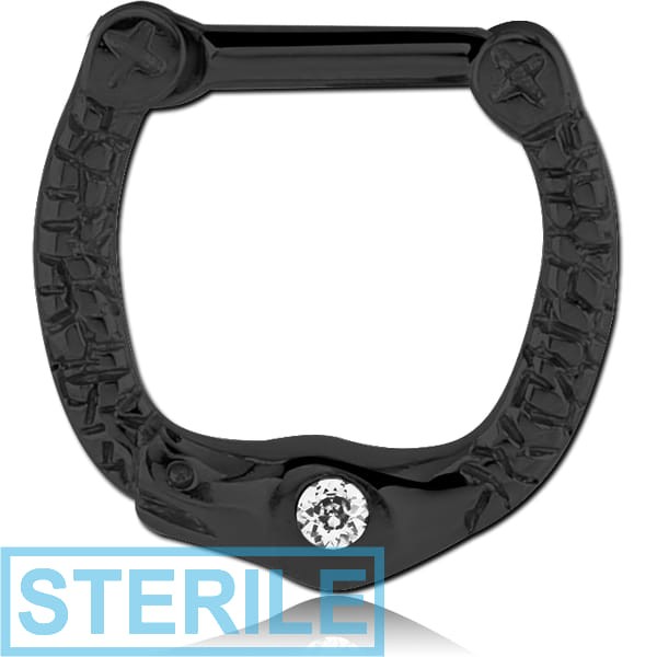 STERILE BLACK PVD COATED SURGICAL STEEL JEWELLED SNAKE HINGED SEPTUM CLICKER