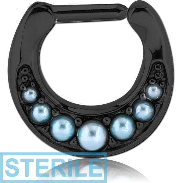STERILE BLACK PVD COATED SURGICAL STEEL ROUND JEWELLED HINGED SEPTUM CLICKER