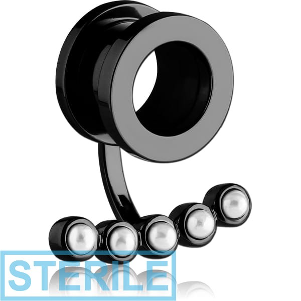 STERILE BLACK PVD COATED STAINLESS STEEL THREADED TUNNEL WITH SYNTHETIC PEARL