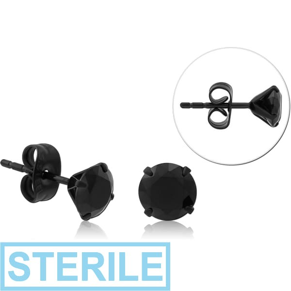 STERILE BLACK PVD COATED SURGICAL STEEL ROUND PRONG SET JEWELLED EAR STUDS PAIR