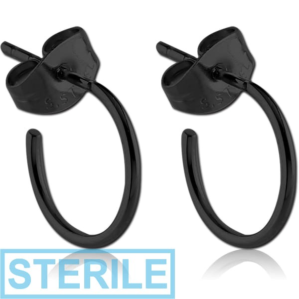 STERILE BLACK PVD COATED SURGICAL STEEL EAR STUDS PAIR - HOOP