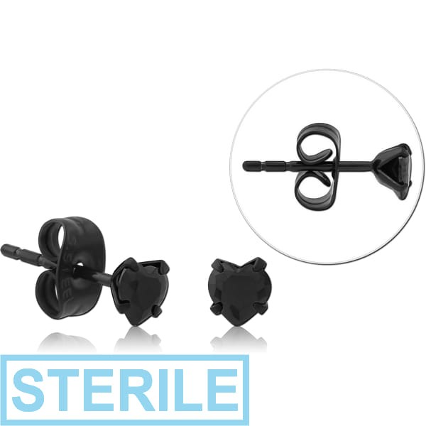 STERILE BLACK PVD COATED SURGICAL STEEL HEART PRONG SET JEWELLED EAR STUDS PAIR
