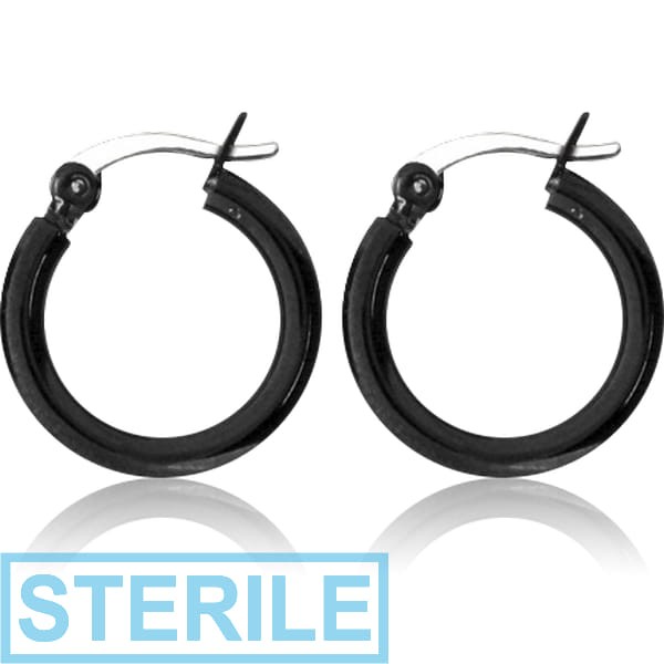 STERILE BLACK PVD COATED SURGICAL STEEL ROUND WIRE EAR HOOPS PAIR