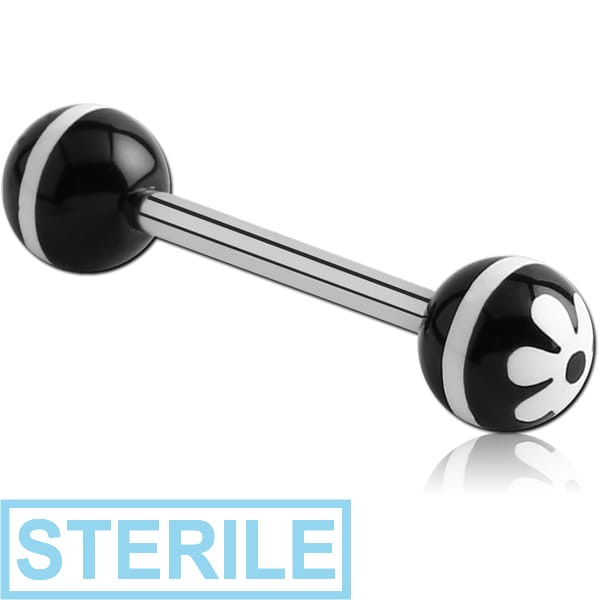 STERILE SURGICAL STEEL BARBELL WITH ACRYLIC RETRO FLOWER PRINTED BALL