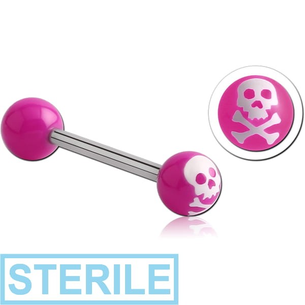 STERILE SURGICAL STEEL BARBELL WITH ACRYLIC SKULL PRINTED BALL