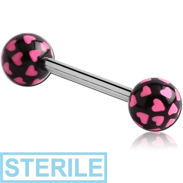 STERILE SURGICAL STEEL BARBELL WITH ACRYLIC MULTI HEART PRINTED BALL