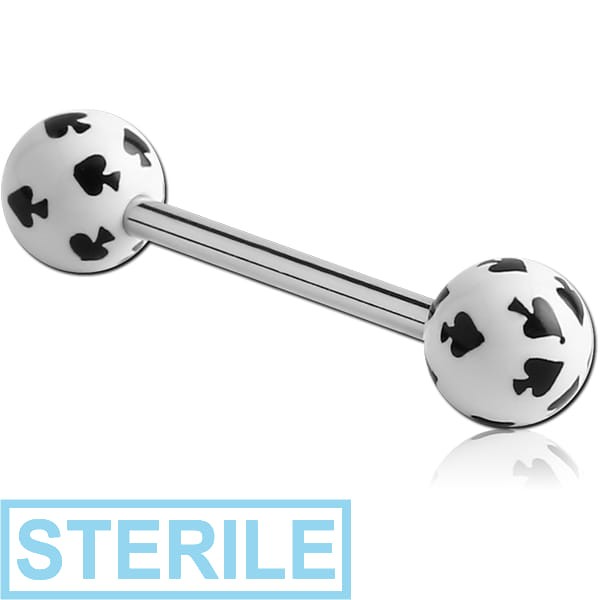 STERILE SURGICAL STEEL BARBELL WITH ACRYLIC SPADE PRINTED BALL