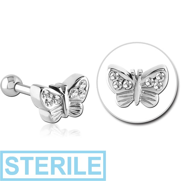STERILE SURGICAL STEEL JEWELLED BARBELL - BUTTERFLY