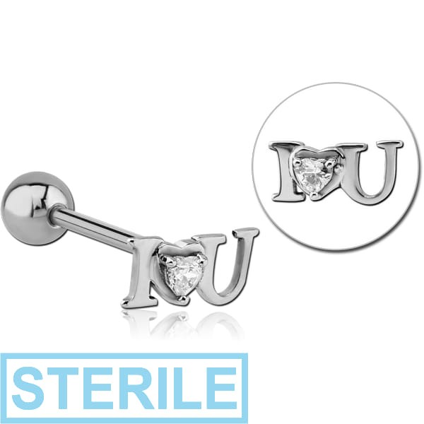 STERILE SURGICAL STEEL JEWELLED BARBELL - I LOVE YOU