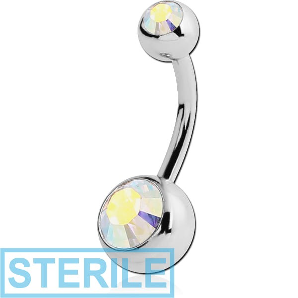 STERILE SURGICAL STEEL DOUBLE FLAT STONE JEWELLED NAVEL BANANA