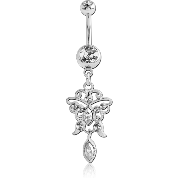 SURGICAL STEEL DOUBLE JEWELLED NAVEL BANANA WITH BUTTERFLY CHARM